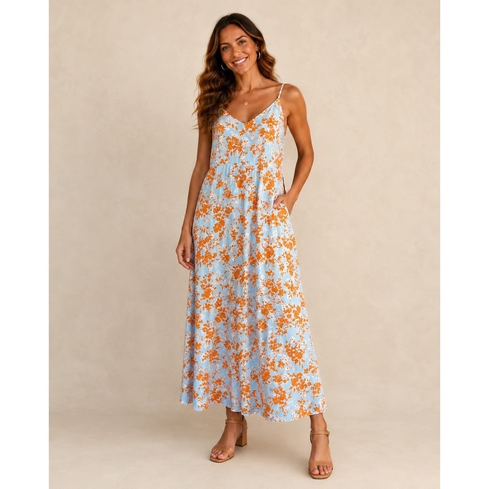 Sienna Sky Floral Midi Sundress‎ Womens L Blue Orange Cottagecore Boho NWT